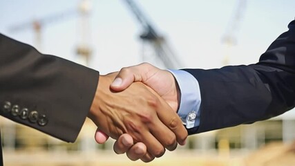 Strategic Partnership: Two businessmen shake hands against a backdrop of industrial cranes, symbolizing a strong alliance and successful collaboration in the construction or manufacturing sector.