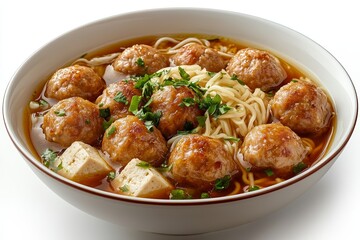 Delicious and hearty meatball noodle soup with tofu.