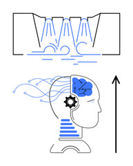Geometric brain and technological symbols encased in head outline gears upward arrow. Ideal for innovation, AI, brainstorming, creativity, technology, futurism, data processing. Line metaphor