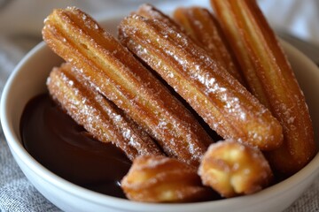Golden-brown churros dusted with sugar, served in a bowl of rich chocolate sauce. Perfect image for menus, blogs, or articles about desserts and sweet treats.