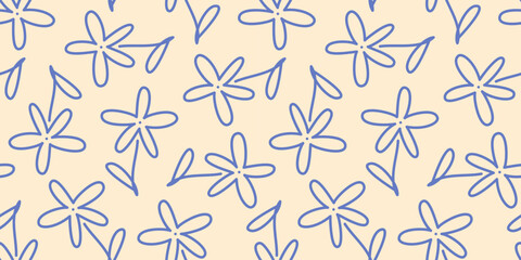 Seamless abstract horizontal cute pattern of blue outlines of simple flowers on light background, hand drawn illustration, flat style