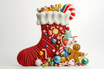 Fototapeta premium Colorful Christmas Stocking Filled with Candy and Ornaments for Holiday Celebrations