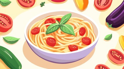 Bowl of spaghetti with cherry tomatoes and basil, surrounded by fresh vegetables.