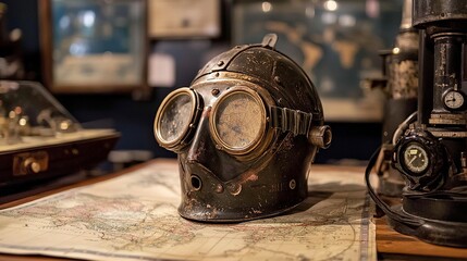 Antique diving helmet and old nautical maps on display