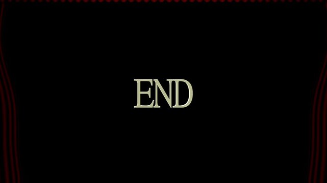 animation vid&eacute;o avec une sc&egrave;ne rouge, rideaux qui s'ouvrent et laissent apparaitre le mot END