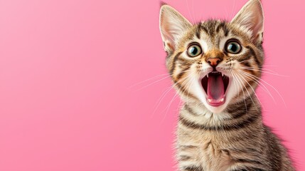 Happy Tabby Cat with Open Mouth Against a Bright Pink Background