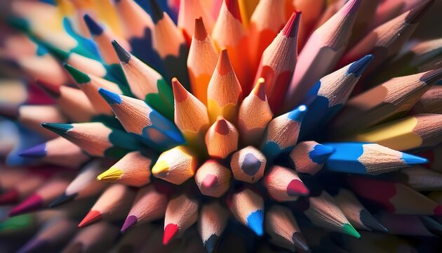 A close-up of colorful pencils arranged in a spiked pattern