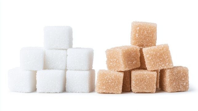 A clean and minimalistic image featuring two separate pyramid stacks of white and brown sugar cubes on a white background. The visual emphasizes texture, symmetry, and natural tones, suitable for food