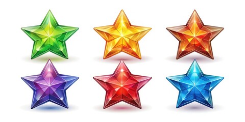 Fototapeta premium Set of 6 abstract low poly star icons featuring realistic glass shine and shadows. Vibrant colors on a light background, perfect for graphic design and digital projects.