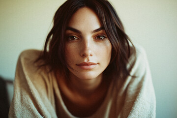 A close-up portrait of a woman with an innocent look, minimal makeup, and a soft expression, evoking feelings of tranquility and simplicity in a natural setting.