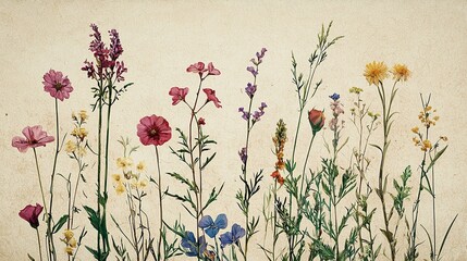 Antique style botanical illustration of wildflowers on a textured beige background