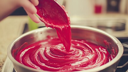 Smooth Red Mixture in a Bowl with a Spoon Ready for Use