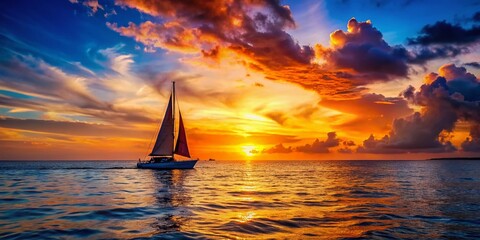 Fototapeta premium Silhouette of a Sailboat in the Ocean at Sunset - Perfect for Travel, Adventure, and Exploration Themes
