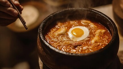 Delicious Korean Stew with Egg in Traditional Clay Bowl