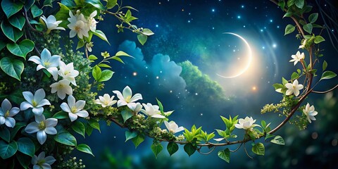 Silvery crescent moonlight bathes intertwining ivy and blooming gardenias, their petals whispering secrets of the night, creating an enchanting atmosphere in the serene darkness.