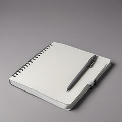 A stylish notebook with a matching pen, placed on a neutral gray background.
