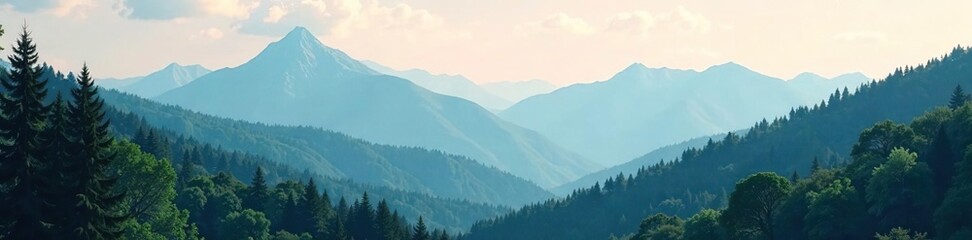 Fototapeta premium Hazy mountain peaks in the background of a serene forest, forest, scenery, hills