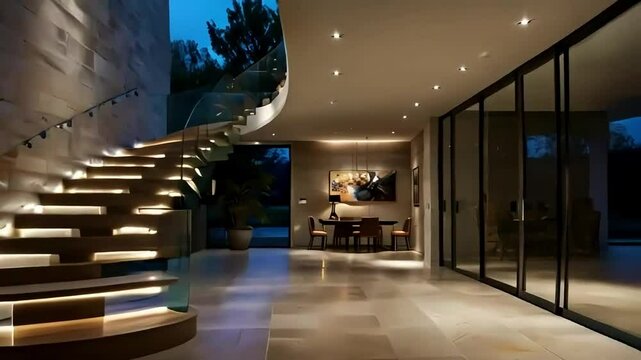 Elegant Spiral Staircase with Soft Lighting and Glass Balustrades in a Modern Luxury Home