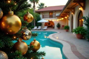 Gold and silver ornaments adorning a Christmas tree near the pool area, gold, festive, decor