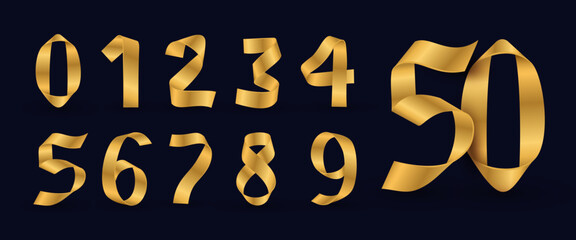 Set of golden ribbon 3D numbers. Birthday golden luxury numbers. Collection of gold gradient yellow isolated numbers. Bright realistic metallic 3D ribbon, vector design element. Template golden number