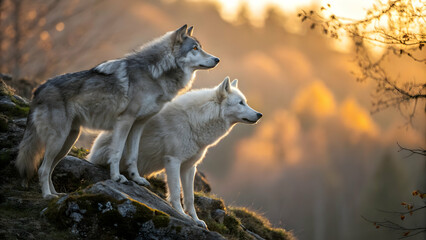Fototapeta premium Majestic Wolves Observing the Golden Forest Horizon