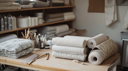 Cozy Textile Studio with Rolled Fabrics and Crafting Supplies