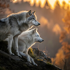 Fototapeta premium Wolves Resting and Observing the Golden Landscape