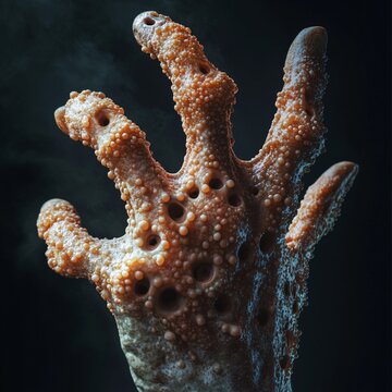A creepy zombie hand with deformed fingers, covered in small, unsettling holes resembling a fungal infection. The trypophobia-inducing texture stands out vividly against a clear, dark background, evok