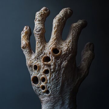 A grotesque zombie left hand, riddled with eerie holes resembling a fungal infection and triggering trypophobia. The decaying flesh contrasts against a clean gray background, enhancing its unsettling 