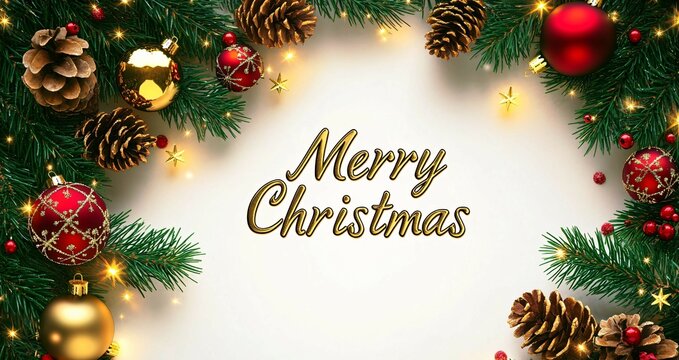 A festive Gold 3D Text Christmas greeting card featuring elegant fir tree branches, sparkling baubles, and glowing lights, creating a warm and joyful holiday atmosphere.