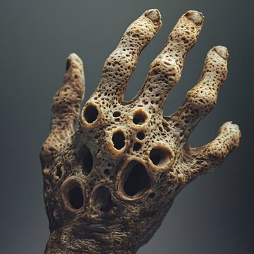 portrait photography of zombie hand with many small holes deformed fingers fungal infection trypophobia, top view, clear background
