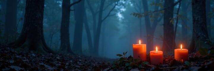 Fototapeta premium Flickering candles casting an eerie glow in the misty woods, mist, flicker, eerie