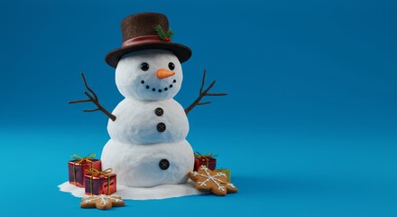 Fototapeta premium Merry christmas and happy new year greeting card with copy-space.Happy snowman standing in christmas landscape.Snow background.Winter fairytale.