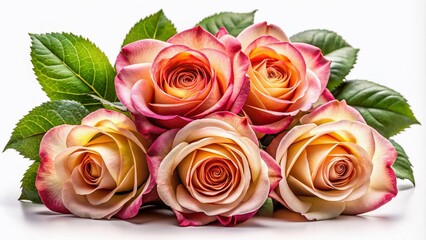 Naklejka premium Sleek roses on a white backdrop create an elegant floral touch, ideal for enhancing food photography, gourmet dishes, and dessert presentations with a refined aesthetic.