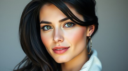 Naklejka premium Close-up of a woman with dark hair and hoop earrings, smiling softly in natural light