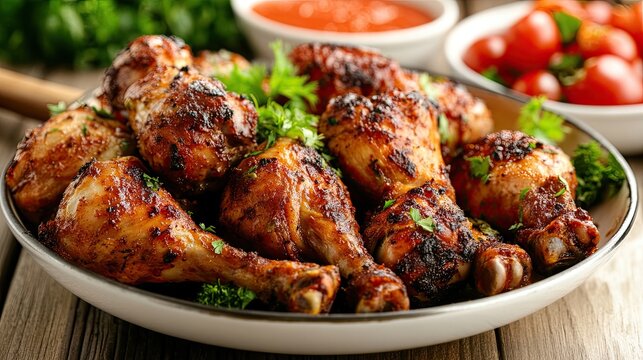 Succulent Grilled Chicken Drumsticks with Fresh Ingredients and Sauce