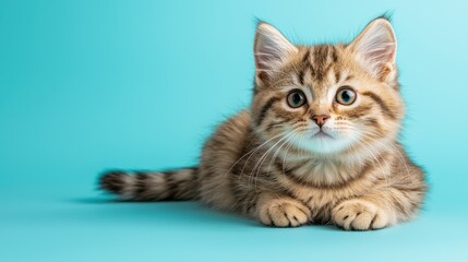 Obraz premium Cute fluffy kitten with bright blue background looking curiously at the camera