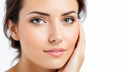 Obraz premium Close-up of a woman with clear skin and natural makeup, touching her face