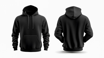 Men�s black blank hoodie template displayed from two sides on an invisible mannequin for mockup purposes.