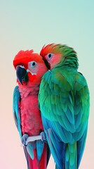 Two colorful parrots cuddling together.