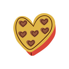 Box of chocolate sweets in heart shape. Red lid with golden bow. Top view vector illustration isolated. Flat cartoon design, romantic concept