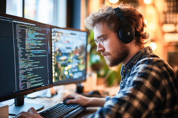 Focused game developer wearing headphones works on code at a dual-monitor setup in a modern, well-lit workspace. 