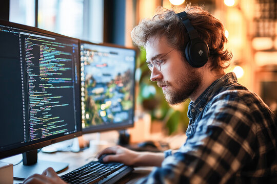 Focused game developer wearing headphones works on code at a dual-monitor setup in a modern, well-lit workspace. 
