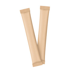 Kraft stick package bags mockups set powder, granulated products. Front view. Vector illustration isolated on white background. Can be use for template your design. EPS10.