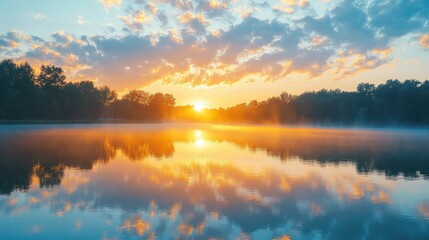 Breathtaking Sunset Landscape with Serene Lake Reflection