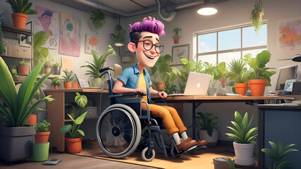 Friendly cartoon-style worker in a wheelchair at a laptop, surrounded by unusual desk decor and bright plants. Inclusion concept