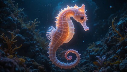 a glowing seahorse floating in the deep sea, with its fins and body emitting a soft glow in the dark ocean atmosphere, surrounded by rocks and various seaweeds.