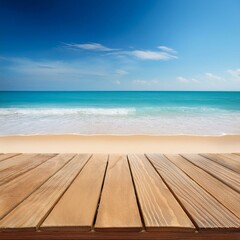 Fototapeta premium Sun-Kissed Summer Beach: Inviting Wooden Plank Resting on Warm Sands, Evoking Serenity and Tranquility