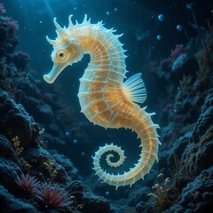 a glowing seahorse floating in the deep sea, with its fins and body emitting a soft glow in the dark ocean atmosphere, surrounded by rocks and various seaweeds.