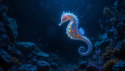 a glowing seahorse floating in the deep sea, with its fins and body emitting a soft glow in the dark ocean atmosphere, surrounded by rocks and various seaweeds.